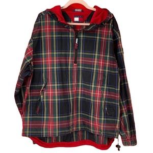 TOMMY HILFIGER Plaid Windbreaker Jacket Hooded Green Red Tartan L Y2k